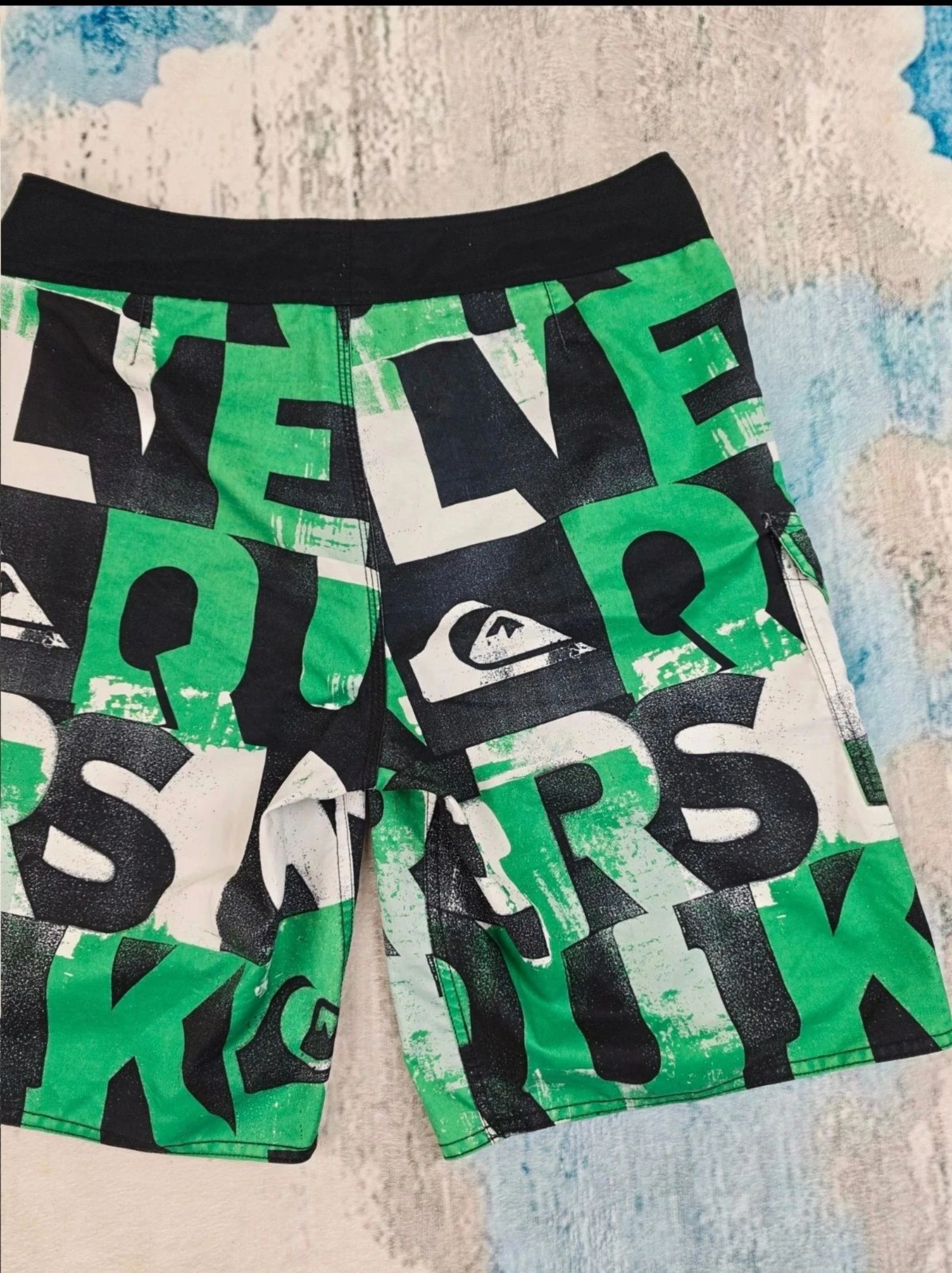 Quiksilver Boardshorts Verde Preto Branco Estampa Textual Y2K Surf Streetwear Tamanho M – photo 12